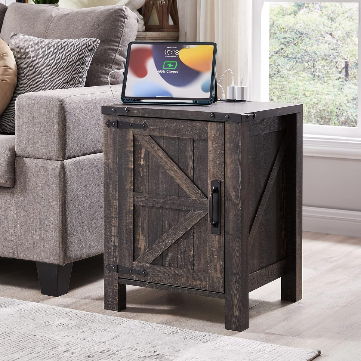 OKD Farmhouse Nightstand Set of 2, 18 Inch Rustic End Table with Charging Station, Barn Door, Adjustable Storage Shelf, Wood Sofa Side Table for Living Room, Bedroom, Dark Rustic Oak
