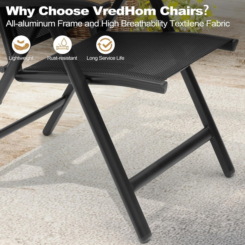 Folding Patio Chairs Set of 2, Aluminum High Back Outdoor Recliners with Teak Armrests, No Assembly Required, Adjustable