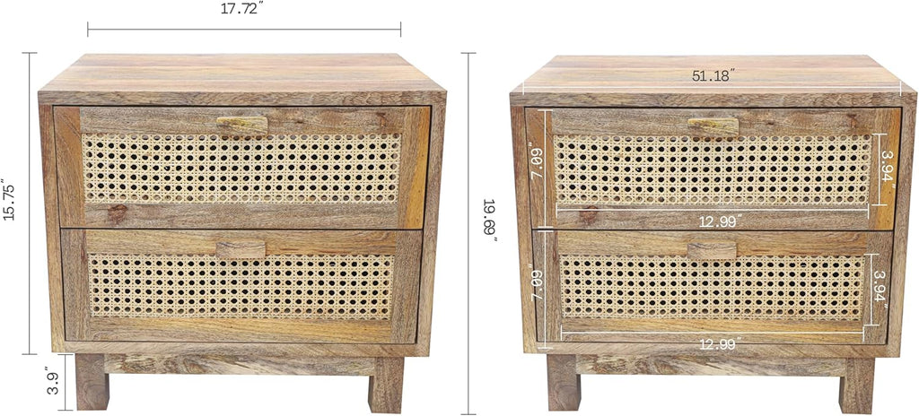 Fab Habitat Flourish 2 Drawer Side Table - 20" H Coastal Boho Mango Wood Cane Accent Nightstand, Handcrafted for Bedroom, Dorm, Small Spaces, Natural Finish