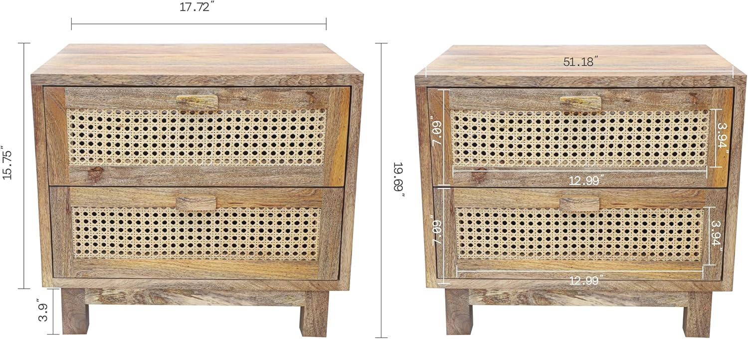 Fab Habitat Flourish 2 Drawer Side Table - 20" H Coastal Boho Mango Wood Cane Accent Nightstand, Handcrafted for Bedroom, Dorm, Small Spaces, Natural Finish