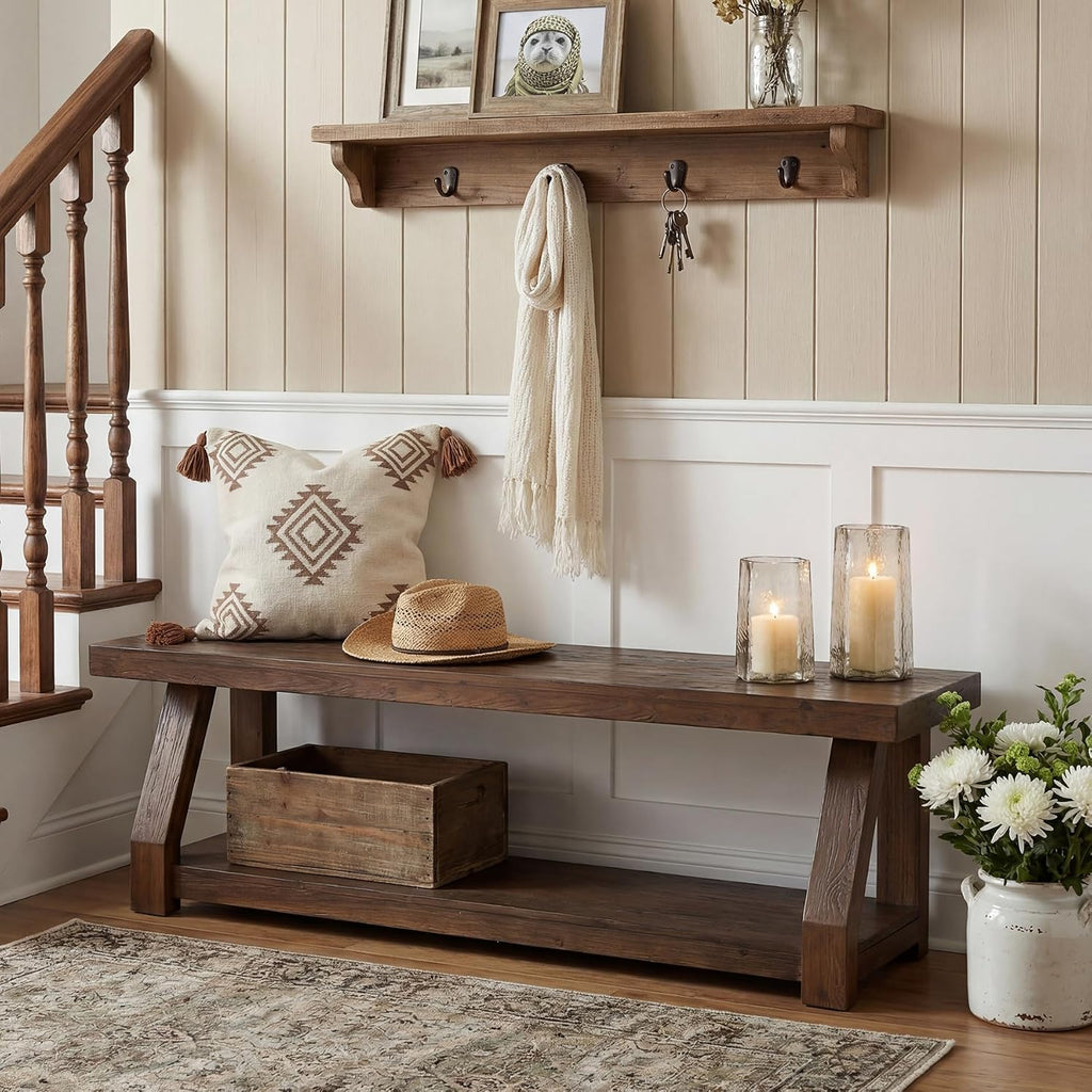 63" Solid Wood Bench, 2-Tier Entryway Bench with Shoe Storage, Rustic Hallway Accent Benches for Entryway, Living Room, Mudroom, Easy Assembly, Rustic Dark Brown