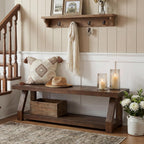 63" Solid Wood Bench, 2-Tier Entryway Bench with Shoe Storage, Rustic Hallway Accent Benches for Entryway, Living Room, Mudroom, Easy Assembly, Rustic Dark Brown