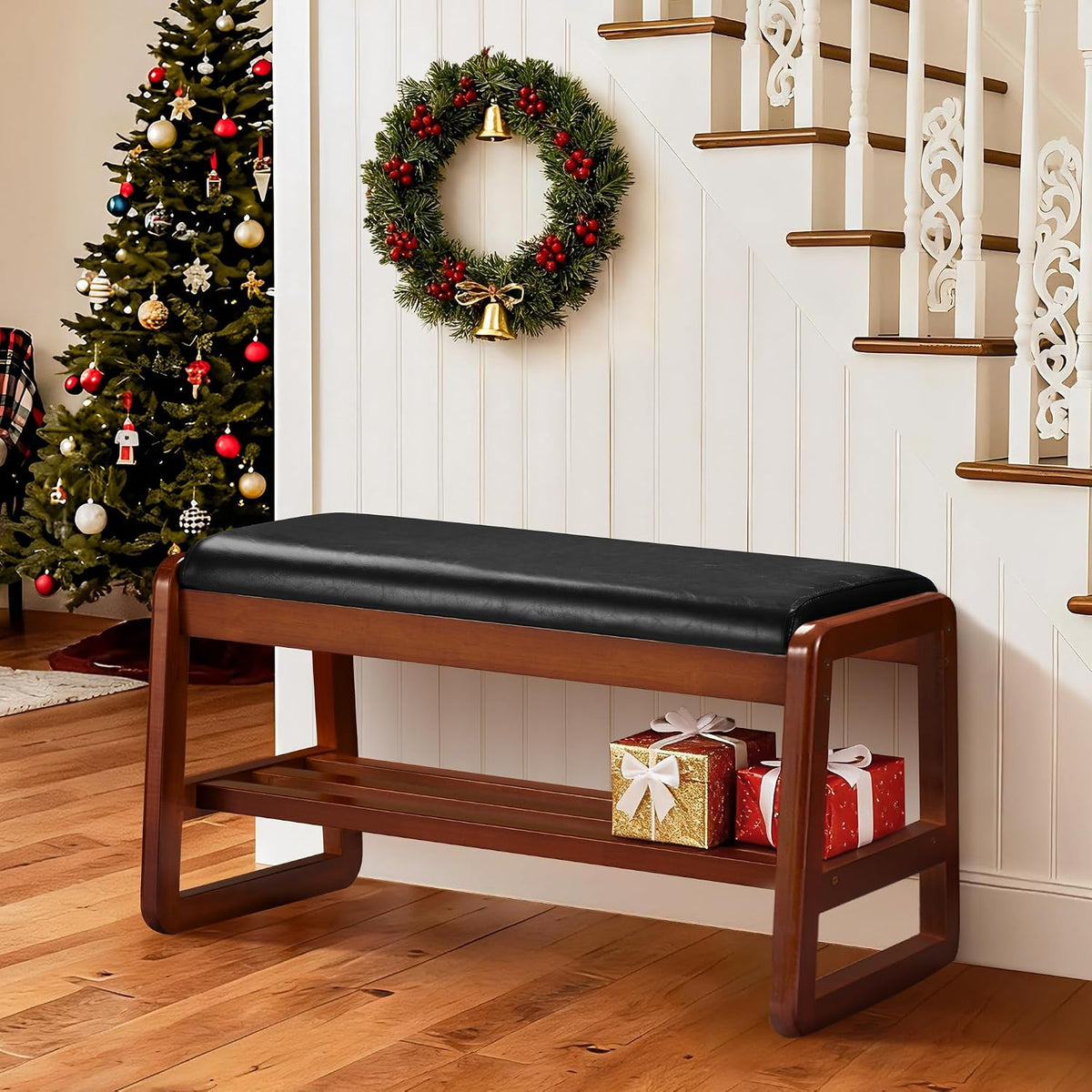 HABUTWAY Solid Wood Shoe Rack, Entryway Shoe Bench with Cushion, 2 Tier Shoes Organizer for Entryway, Hallway, Living Room-(Black,31.5"-M)