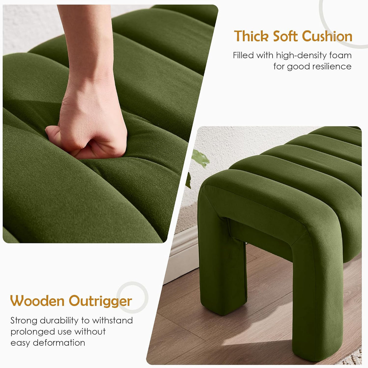 43.3” Dining Room Bench, Olive Green Tufted Upholstered End of Bed Bench, Modern Entryway Ottoman Window Seat with Solid Wood Legs and Padded Seat for Bedroom, Hallway and Living Room (Velvet)