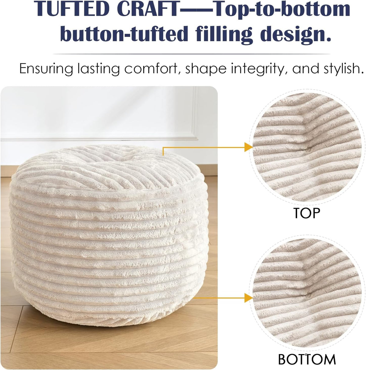 Stuffed Round Ottoman,Corduroy Pouf Ottoman Foot Rest,20 X 15 in,Beige | Memory Foam Filling,Pouf Storage Ottoman Footstool for Living Room,20 X 15 Floor Poufs for Couch,Footrest Only