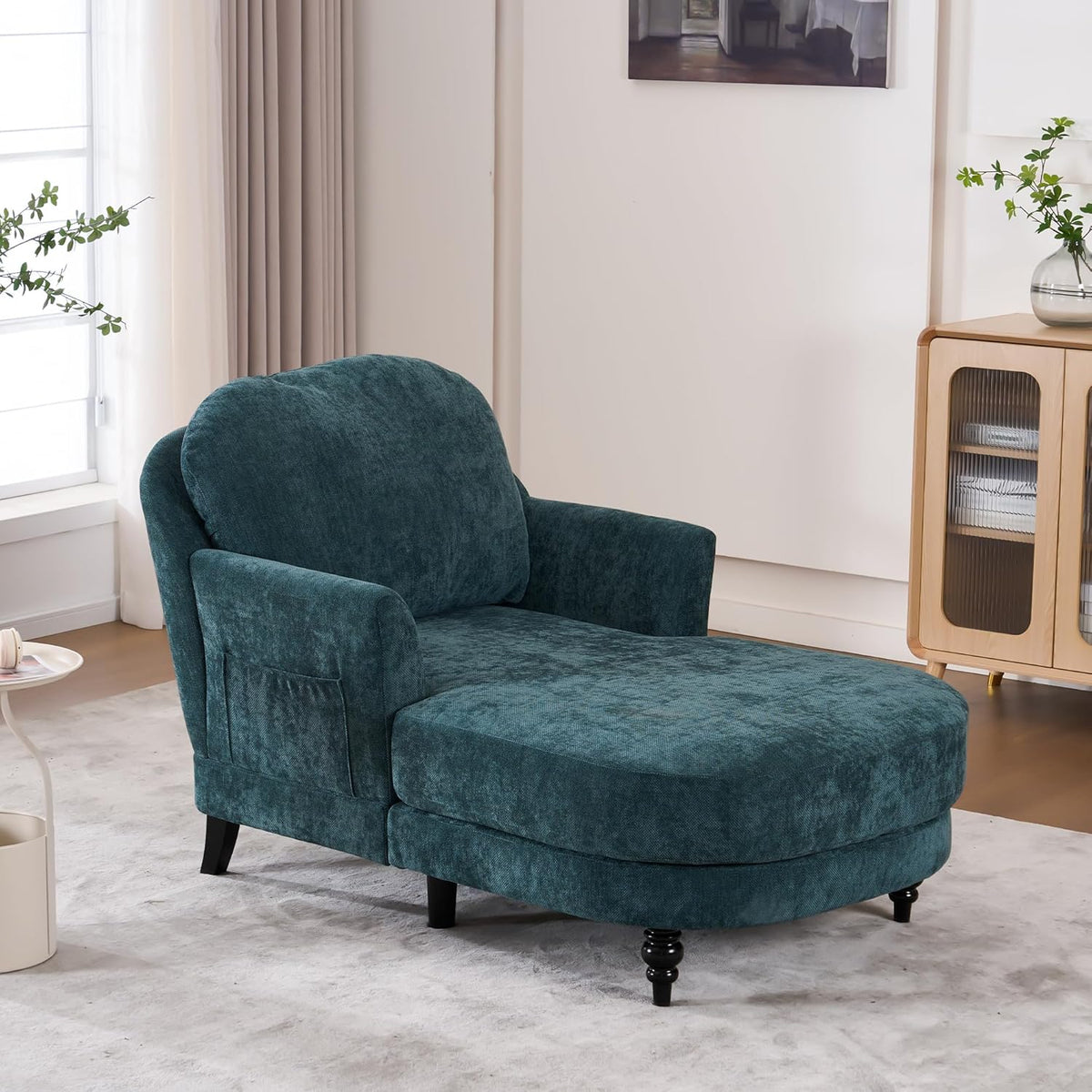 Chaise Lounge Chair Indoor, 59.8" Oversized Couch Reading Chairs, Chenille Comfortable Deep Sleeping Single Sofa, Upholstered Modern Couch Sofa Bed for Living Room, Bedroom & Apartment (Teal)