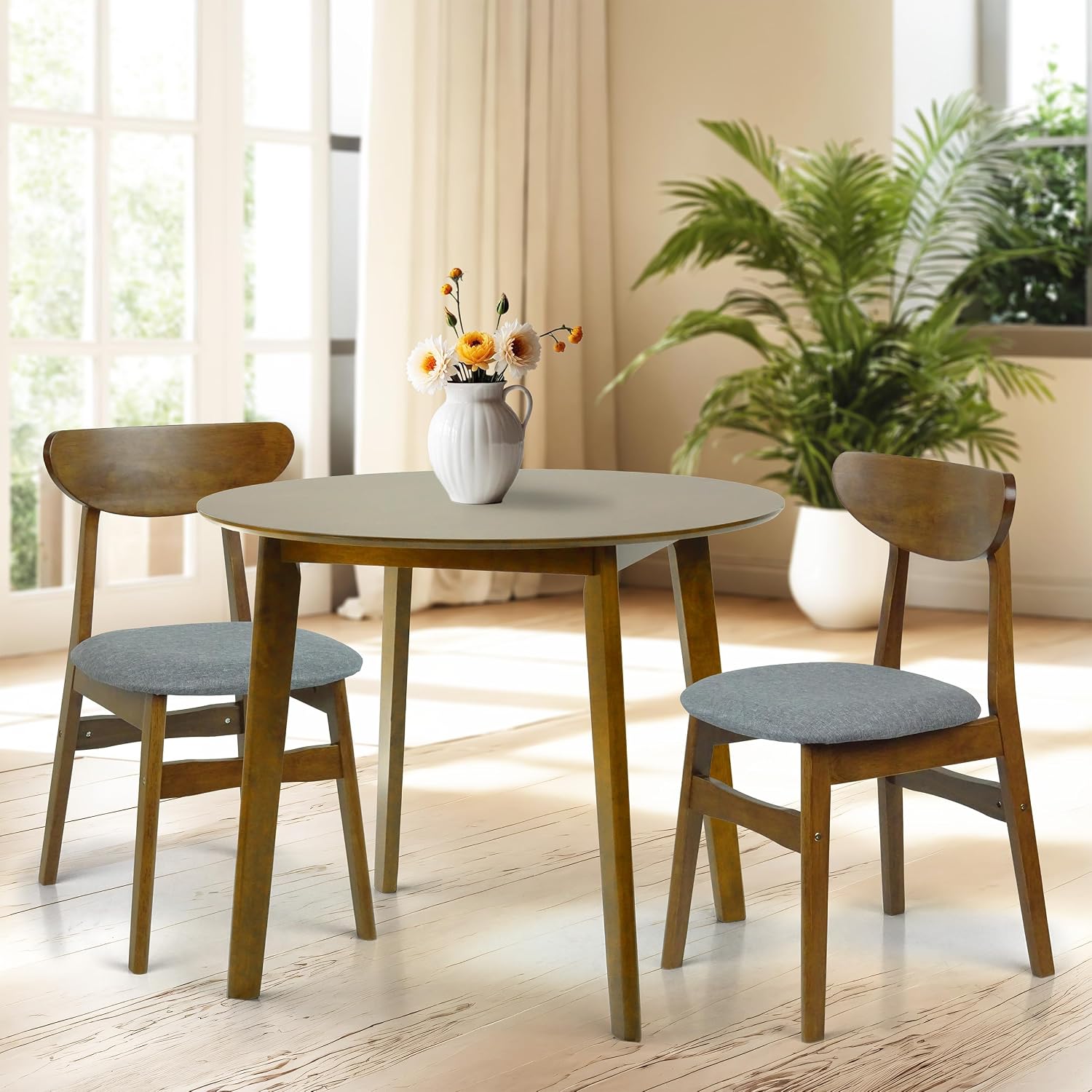 Set of 3 Dining Kitchen Round Table and 2 Yumiko Side Chairs Solid Wood w/Padded Seat Medium Brown