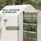 Outsunny 4.6' x 4.7' Portable Greenhouse, Water/UV Resistant Walk-in Small Outdoor Green House with 2 Tier U-Shaped Flower Rack Shelves, Roll Up Door & Windows, White