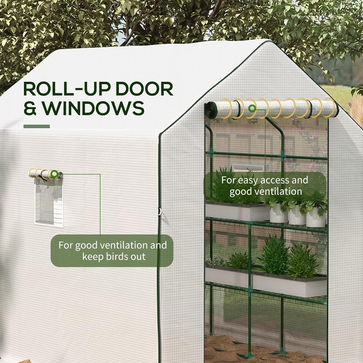 Outsunny 4.6' x 4.7' Portable Greenhouse, Water/UV Resistant Walk-in Small Outdoor Green House with 2 Tier U-Shaped Flower Rack Shelves, Roll Up Door & Windows, White