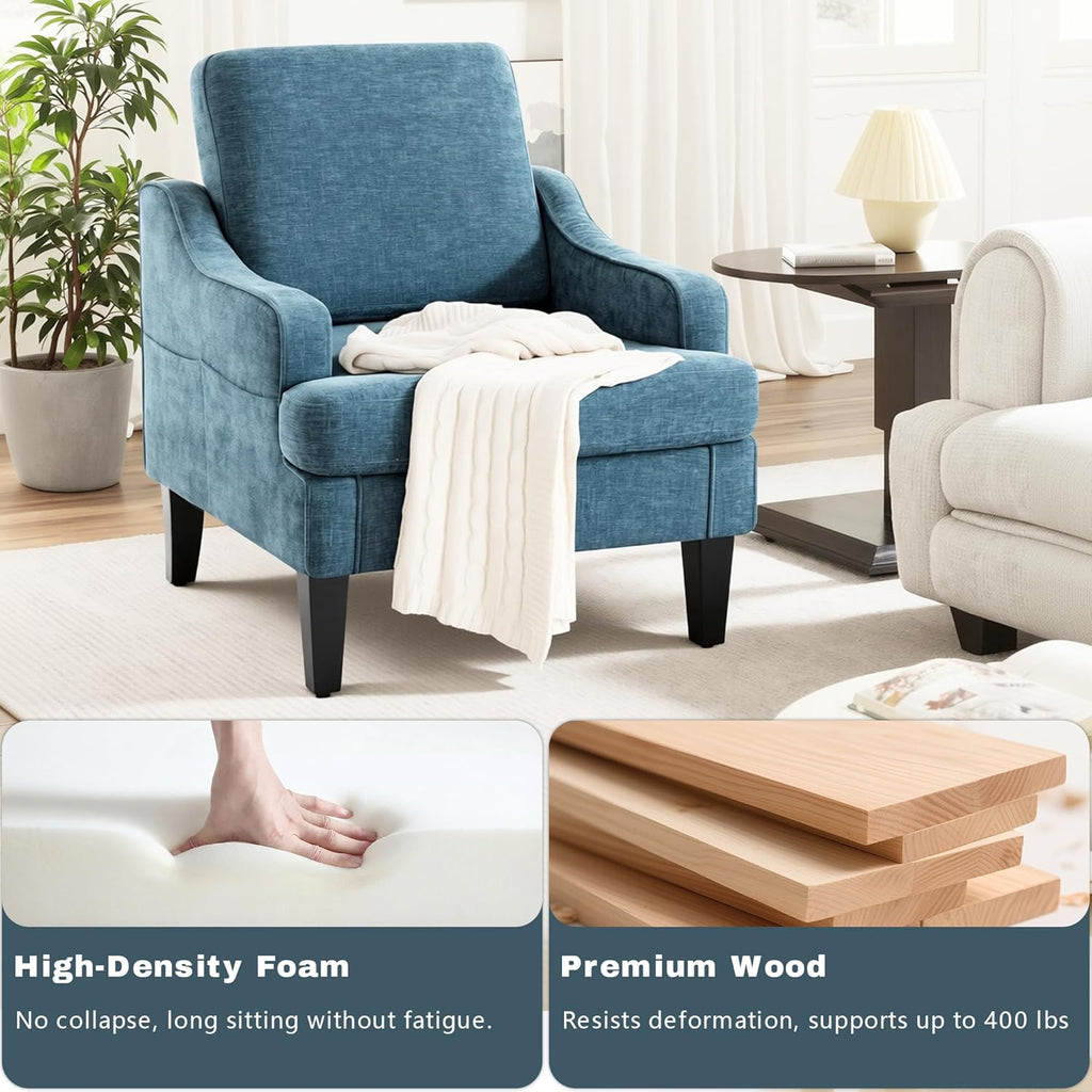 Accent Chair for Living Room,Mid-Century Arm Chair Fabric Living Room Chairs,Upholstered Reading Chair for Bedroom,Single Sofa Chair with Wood Legs for Apartment (1, Chenille Blue)