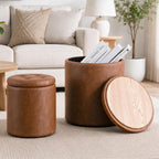 Round Ottoman with Storage Set of 2, 12.6"W x 14.17"H & 14.76"W x 17.32"H Faux Leather Button Tufted Storage Ottoman, Boucle Vanity Stool Footrest Coffee Table for Living Room, Bedroom, Brown