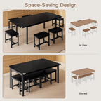 Einhomn 7-Piece Dining Table Set, 63" Extendable Kitchen Room Table with 6 Stools, Mid Century Modern Dinner Table with Metal Frame & MDF Board, Space-Saving, Easy Assembly, Black