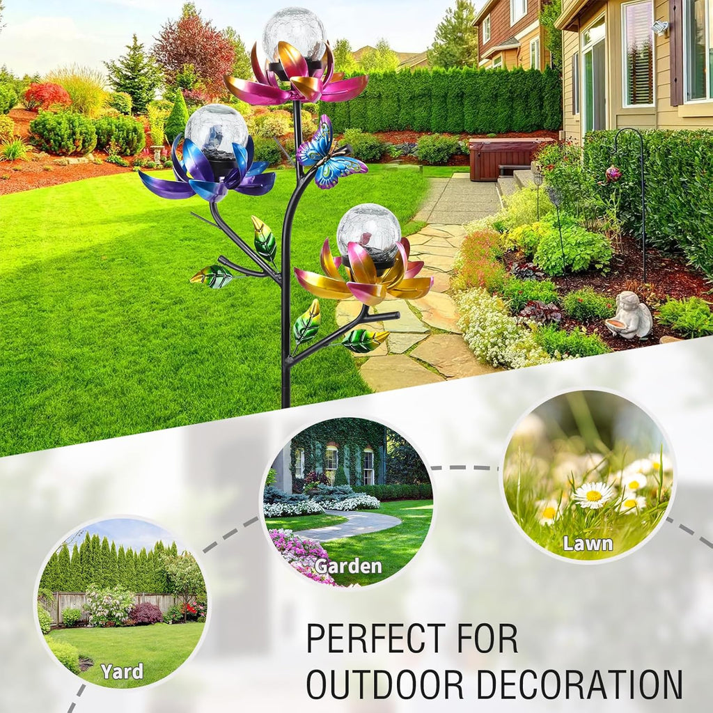Solar Lights Outdoor Decorative Lotus Flowers Wind Spinner Garden Stake with LED Crackle Balls Solar Wind Sculpture Yard Art Decor for Patio, Lawn & Garden