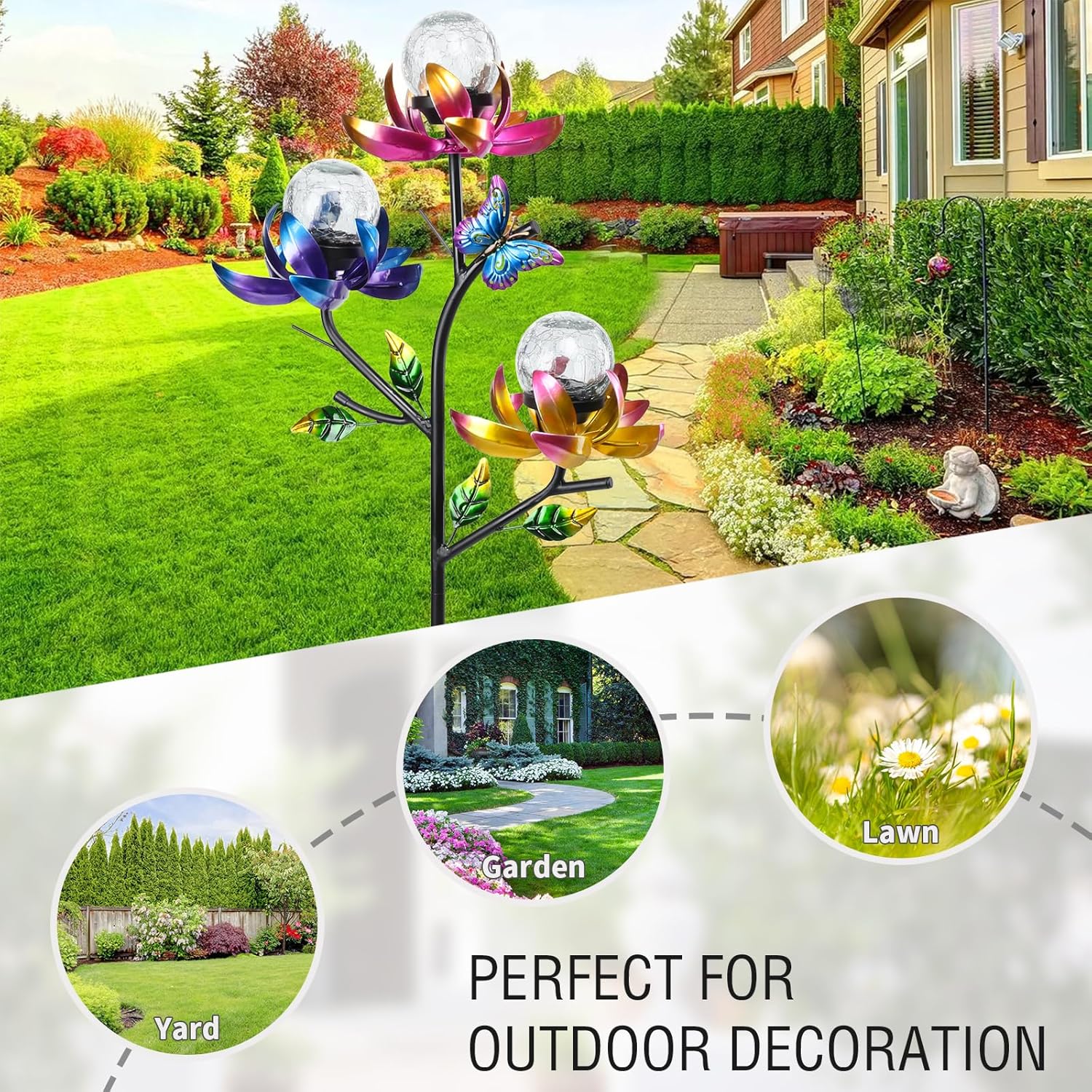 Solar Lights Outdoor Decorative Lotus Flowers Wind Spinner Garden Stake with LED Crackle Balls Solar Wind Sculpture Yard Art Decor for Patio, Lawn & Garden