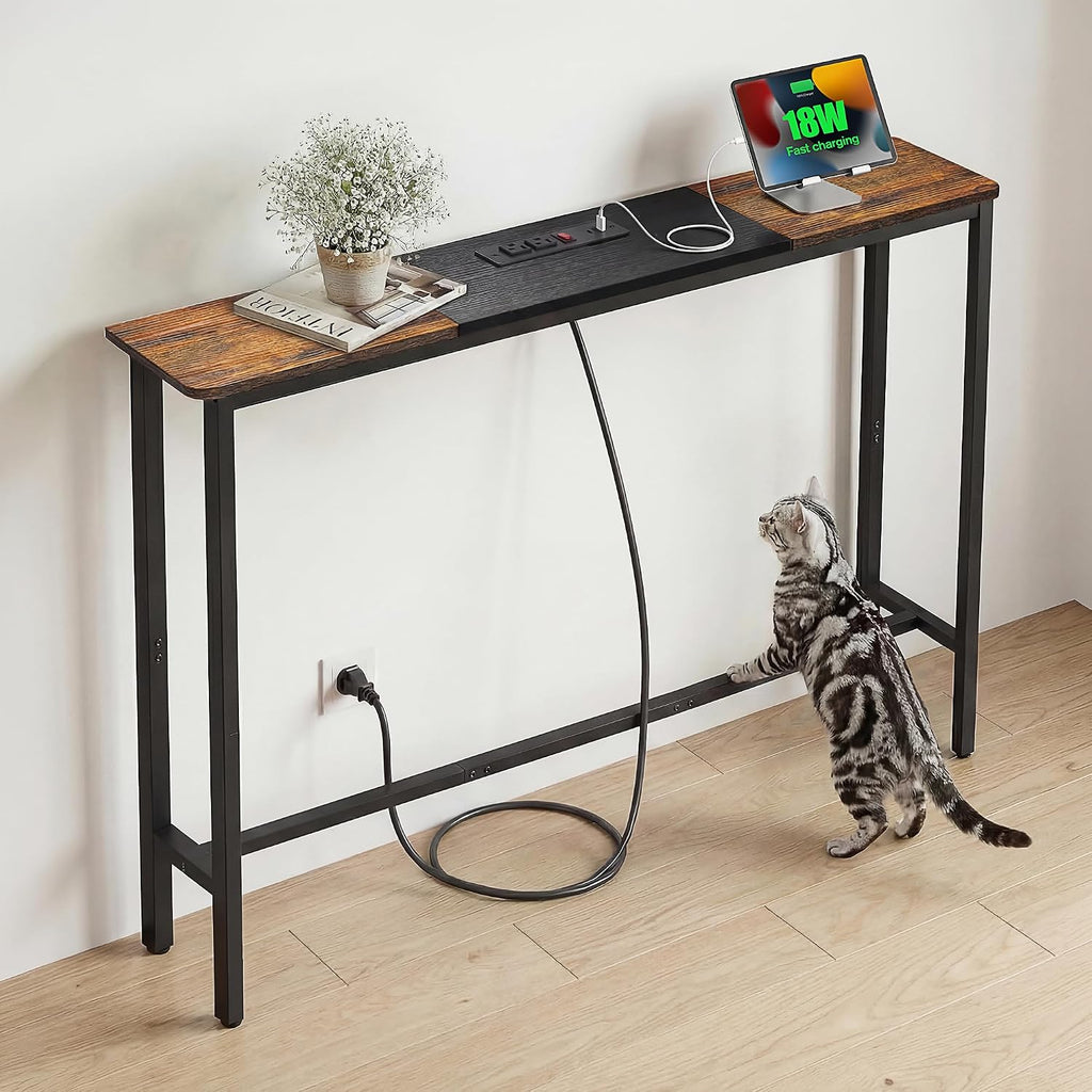 8.6" Narrow Console Table Behind Couch, 39.7” L x 32.3” H, Slim Sofa Table with Fast Charging Station for Small Spaces, Skinny Entryway & Hallway Table, Easy Assembly