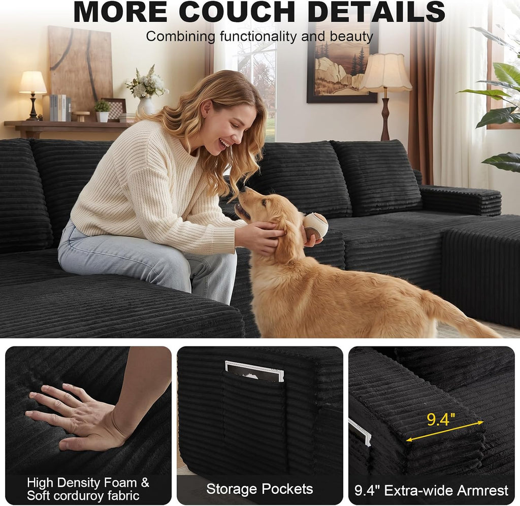 GNIXUU 140.6" Black Cloud Sectional Couches for Living Room | 2 Cup Holders, Oversized Comfort, U-Shaped Modular Sofa Set, Storage Console, 2 Side Pockets, Corduroy Fabric, No Assembly