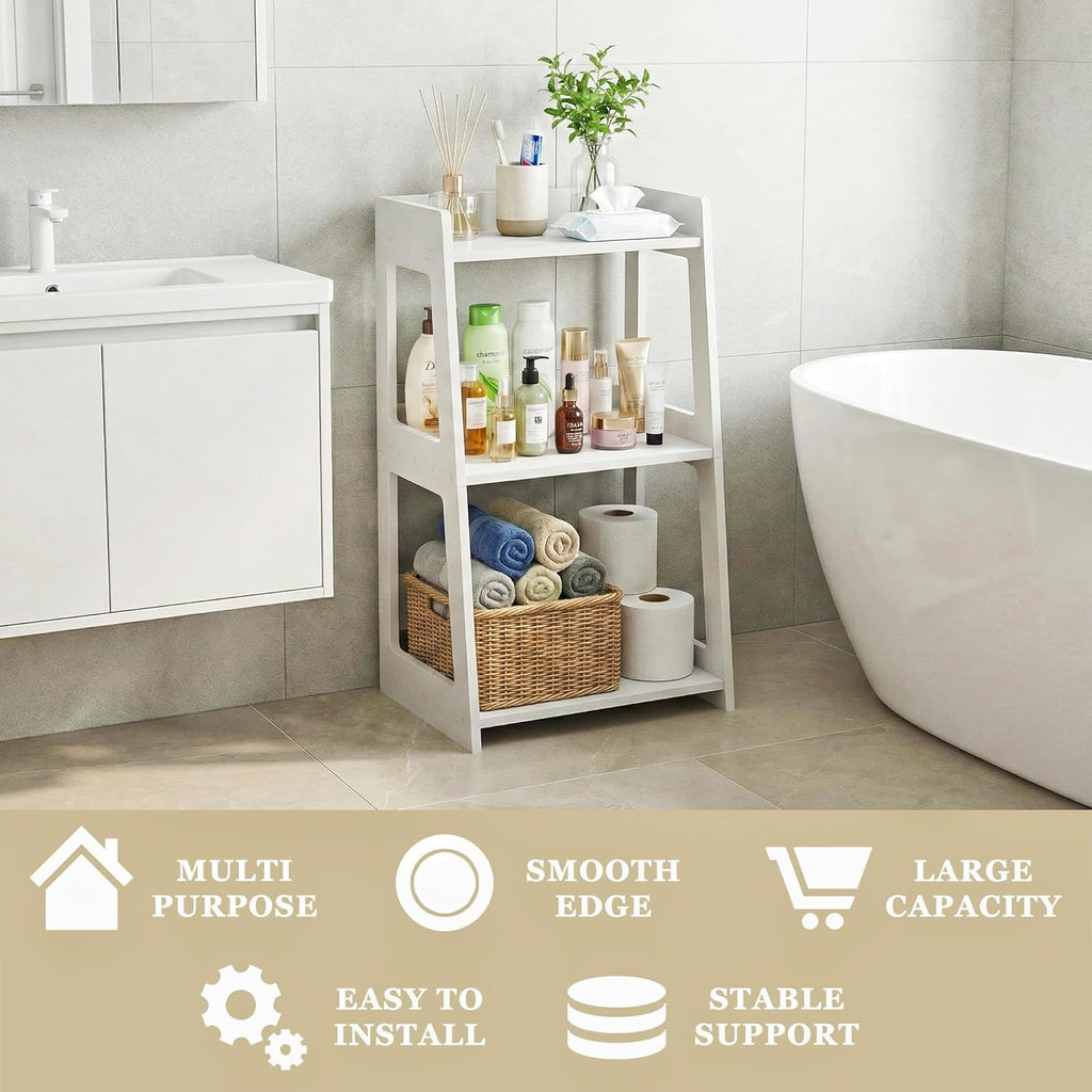 3-Tier Bathroom Ladder Shelf Freestanding, White Floor Shelves Open Shelving Unit, Small Bookshelf Nightstand for Home Study Laundry Room (11.8" D x 15.7" W x 27.6" H)