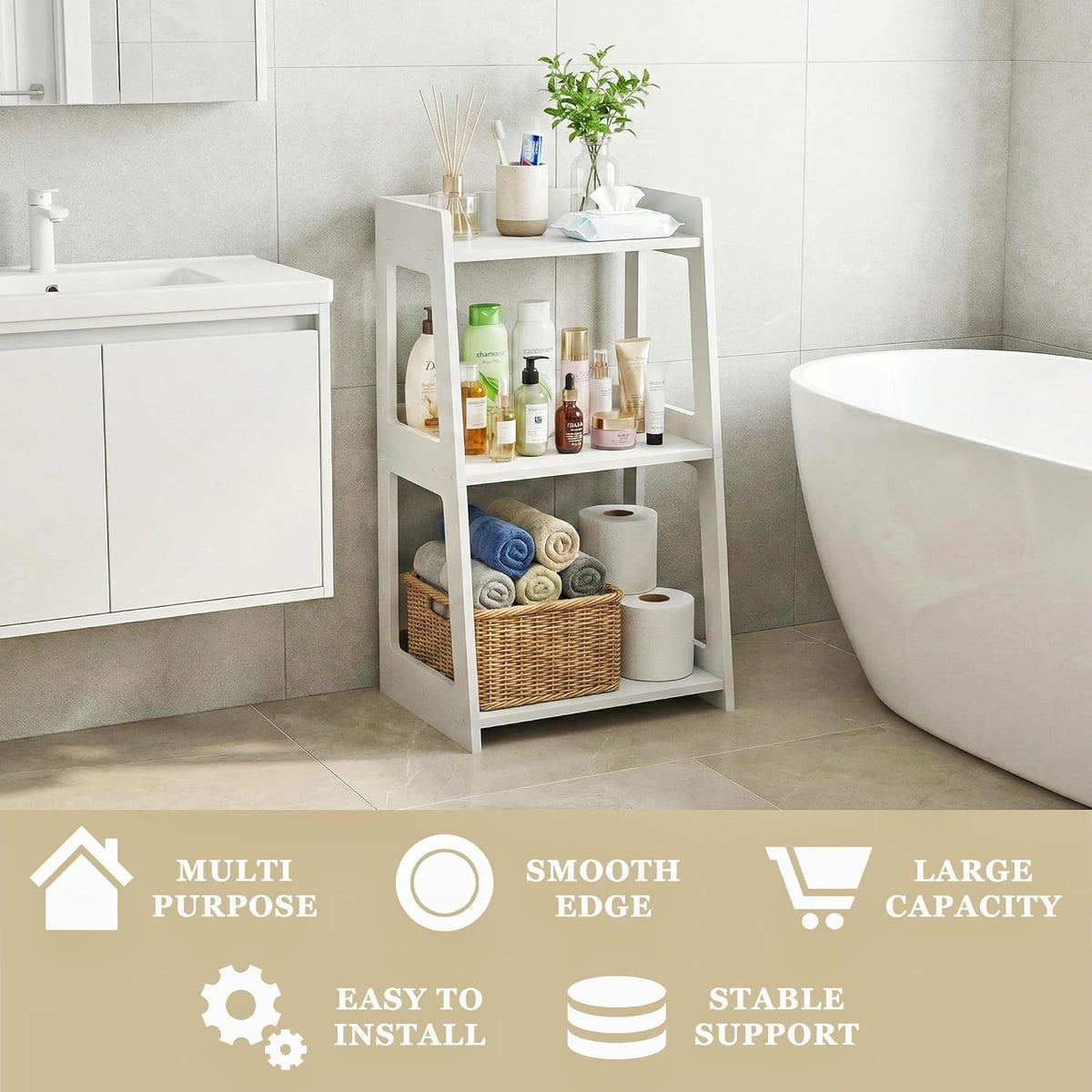 3-Tier Bathroom Ladder Shelf Freestanding, White Floor Shelves Open Shelving Unit, Small Bookshelf Nightstand for Home Study Laundry Room (11.8" D x 15.7" W x 27.6" H)