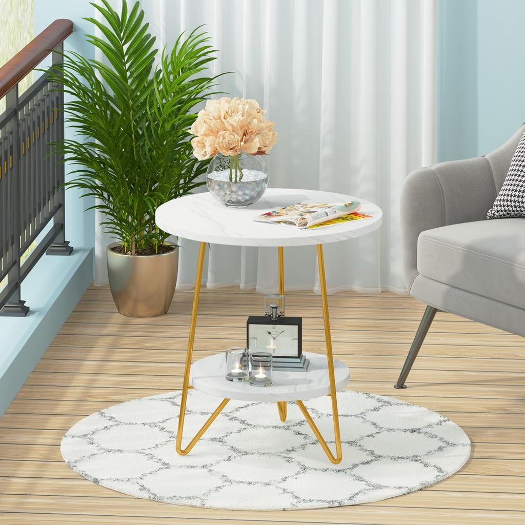 Tribesigns 2 Tier Round Side Table, Faux Marble End Table with Shelf, Small Gold Accent Nightstand for Living Room, Bedroom or Couch Side, White and Gold