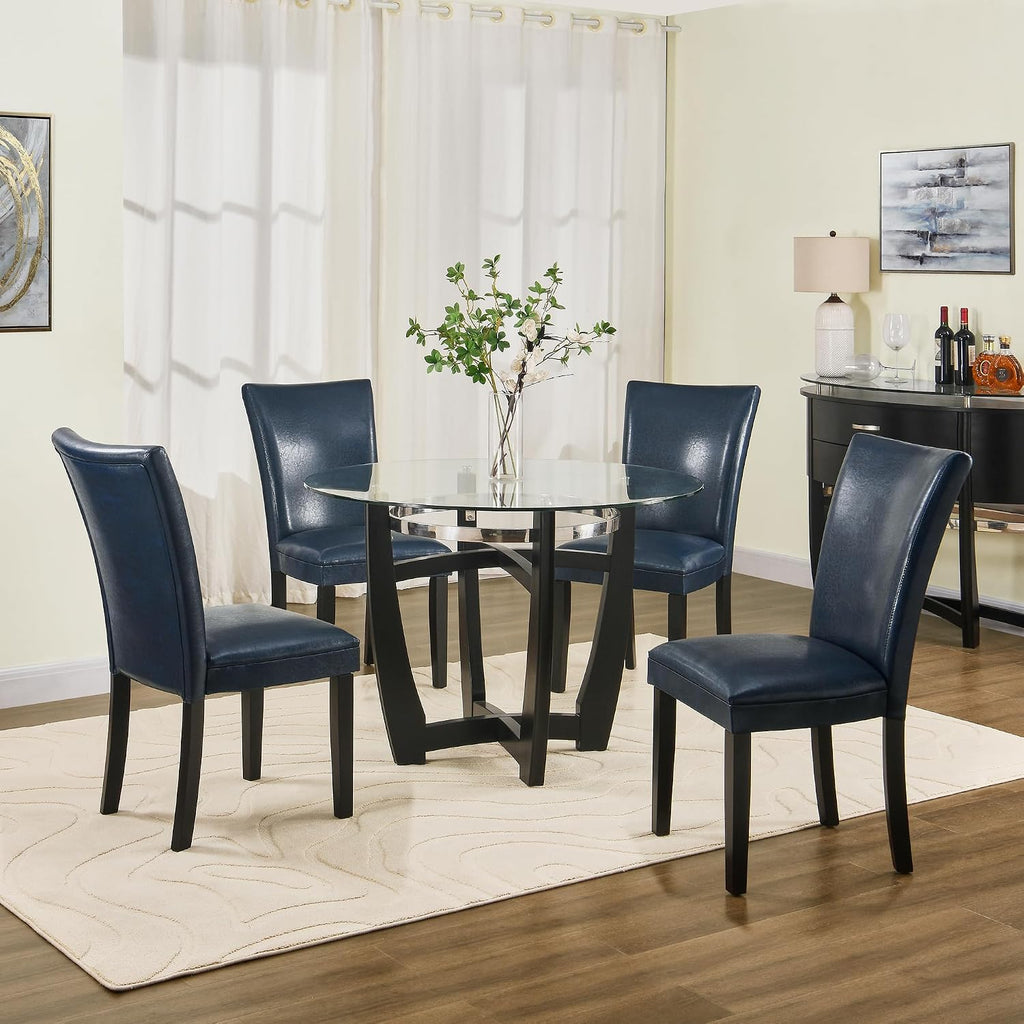 Parsons Dinning Chairs Set of 4 with Solid Wood Legs, Faux Leather Kitchen Accent Side Chairs with Upholstered Seat, 38.6"H x 25.4"L x 19.3"W, Holds Up to 300 Lbs,Easy Assembly Dark Blue CY1331BL