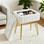 FUXA Vanity Stool Chair with Storage, Faux Fur and Metal Legs, White | Soft Padded Seat, Anti-Slip Adjustable Feet, Modern Style, Multifunctional for Bedroom and Entryway