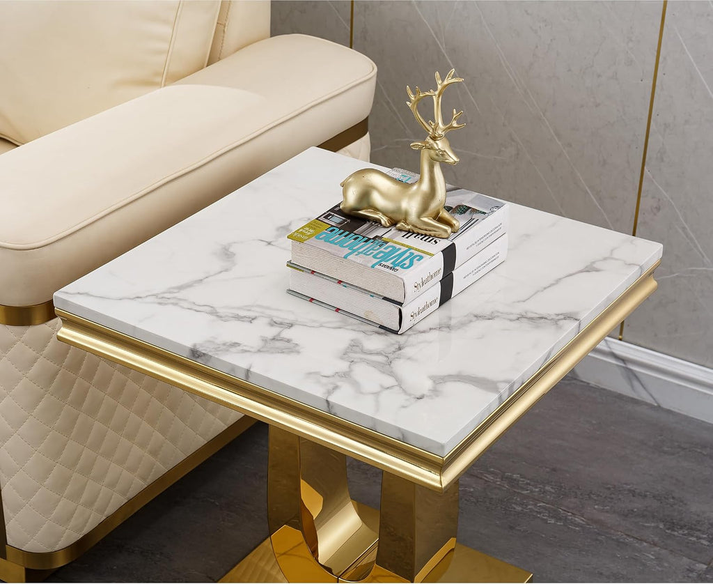 1 Piece Living Room End Table Luxury Faux Marble Sofa Side Table, Modern White Gold End Table with U-Shape Stainless Steel Pedestal Base