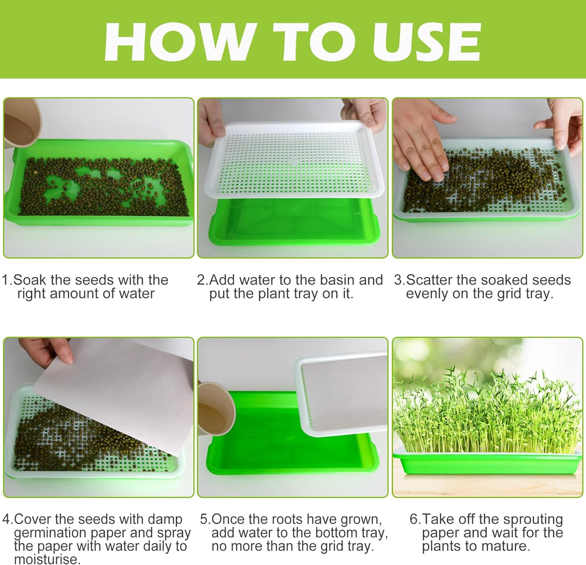 EBaokuup 10Pcs Seed Sprouter Tray with Drain Holes - BPA Free Seed Garden Plant Germination Propagation Trays, Soil-Free Wheatgrass Tray Sprouter Microgreens Growing Kit with Germinating Paper