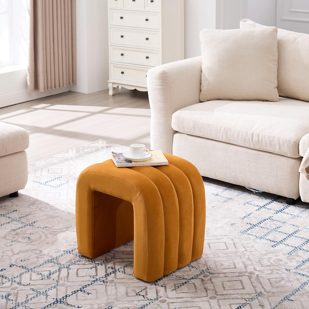 ONEVOG Velvet Pouf Ottoman, Small Ottoman Foot Rest for Couch, 18 Inch Cute Vanity Chairs for Makeup, Living Room Decorative, Sturdy Frame, Upholstered Modern Footrest for Bedroom, Dorm, Cognac