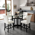 PADMA HOUSE Glass Pub Dining Set for 4, 45in Modern Round Wood Glass Counter Height Bar Table with 4 Leather Pub Stools 5 Pieces Round Bistro Dining Table Chair Set,Clear&Ivory