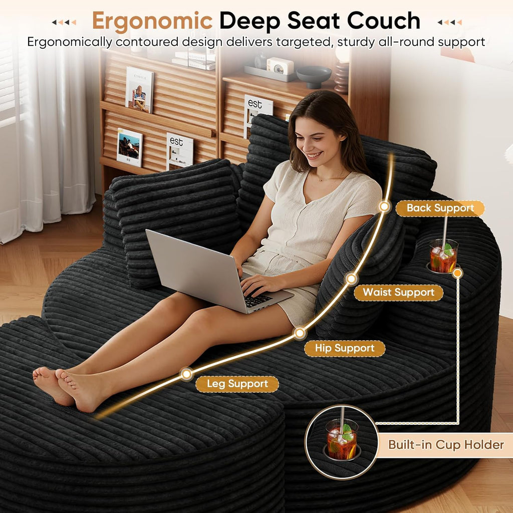 Oversized Round Chaise Longue Chair with Ottoman, Modern Corduroy Deep Seat Circle Single Cloud Floor Accent Chair w/Cup Holders for Living Room, Bedroom Apartment, 55" W * 74.6" D, Black