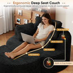 Oversized Round Chaise Longue Chair with Ottoman, Modern Corduroy Deep Seat Circle Single Cloud Floor Accent Chair w/Cup Holders for Living Room, Bedroom Apartment, 55" W * 74.6" D, Black