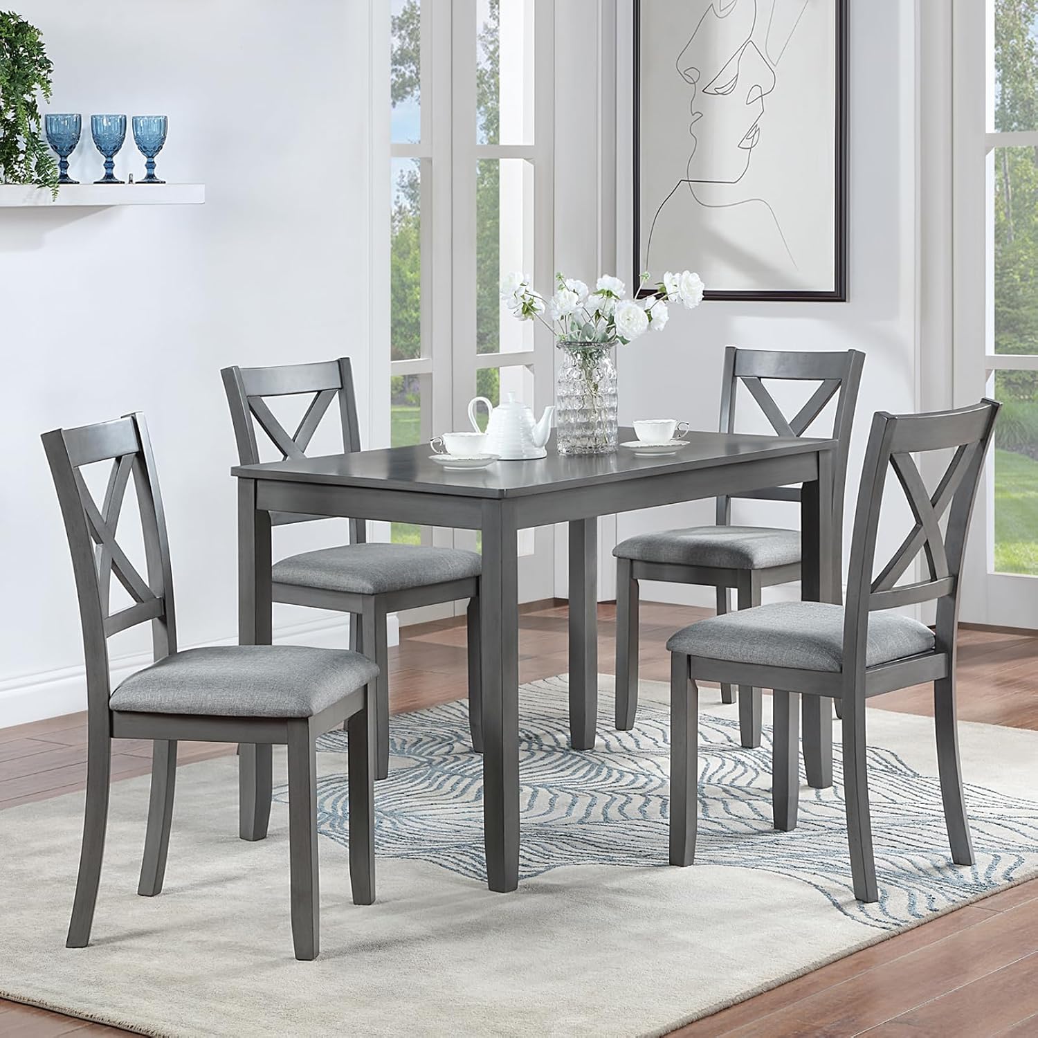 LUMISOL 5-Piece Dining Table Set for 4, Farmhouse Kitchen Table Set with 4 Upholstered Chairs, Wood Table and Chairs Set for Dining Room, Kitchen, Small Space, Grey