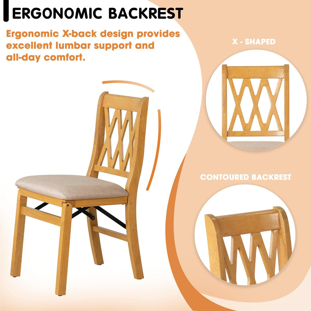 East West Furniture - PNC-OAK-03, A Solid Wood Plano Folding Dining Room Chairs with PU Leather Seat, 3-X Back Design, No Assembly Required, Set of 2, Oak Wood Finish