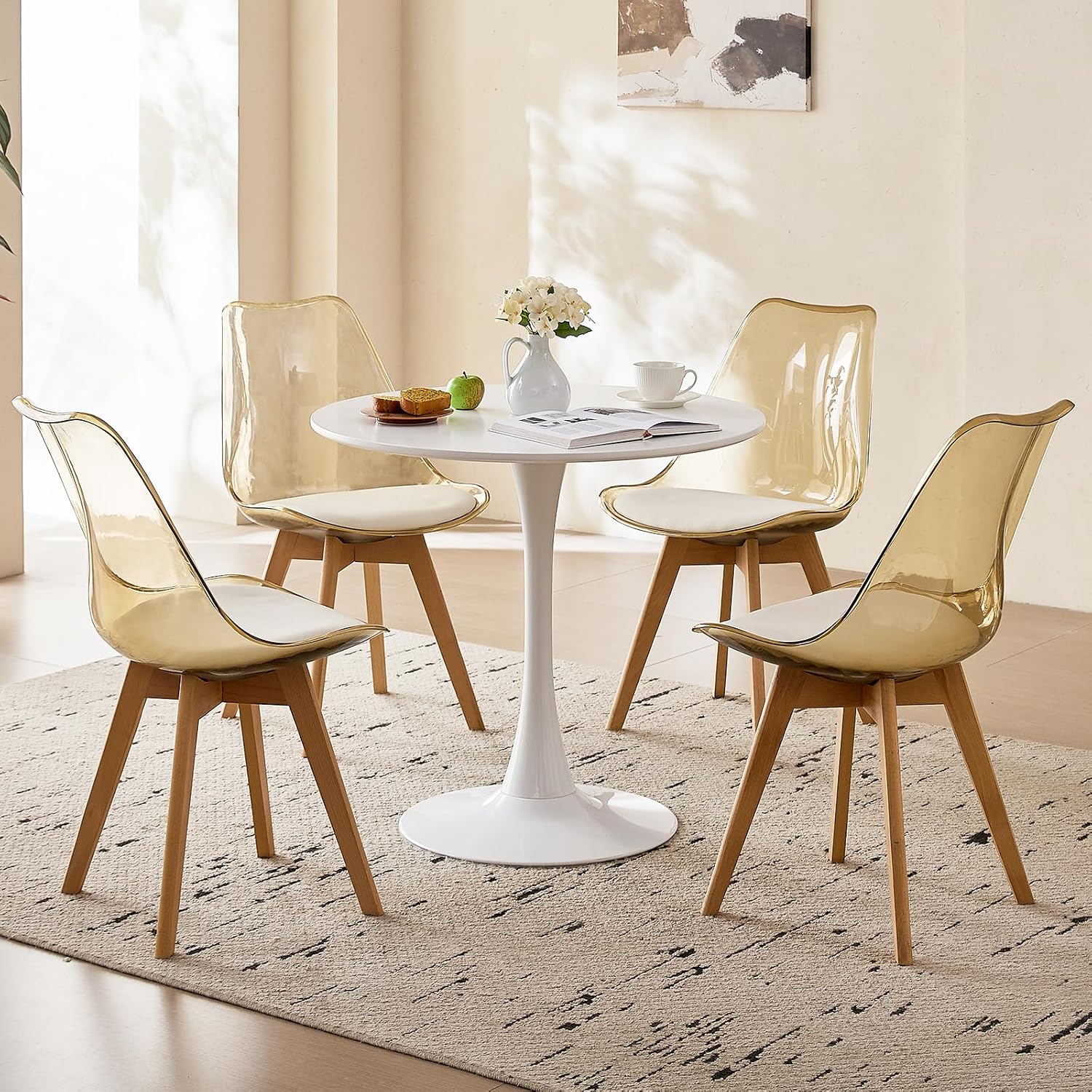 Dining Chairs Set of 4, Acrylic Mid Century Chairs, Light Brown | Clear Acrylic Backrest With Soft Padded Seat, Sturdy Wooden Legs. Ideal For Kitchen And Living Room