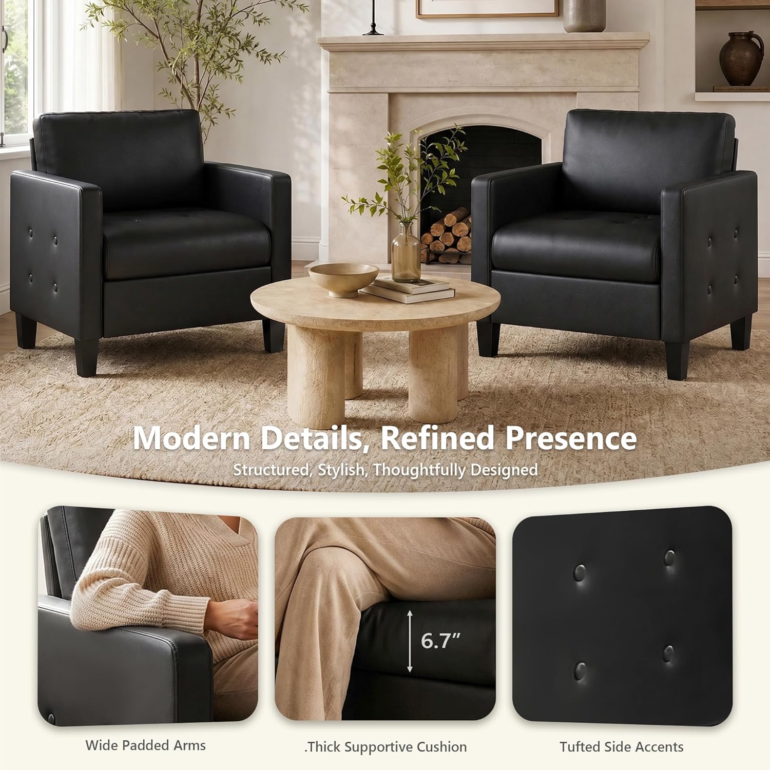 STHOUYN Black Accent Chairs Set of 2, Faux Leather Chair, Mid-Century Modern Living Room Chairs, Cozy Office Reading Chair with Tufted Armrest and Seat, Armchairs for Waiting Room, Bedroom (2)