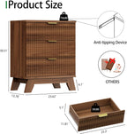 Xixini Fluted Nightstand, 24" Wide Side Table with 3 Large Storage Drawers, Mid Century Modern Wood Night Stand with Metal Handle, Wooden Bedside End Table for Bedroom, Walnut