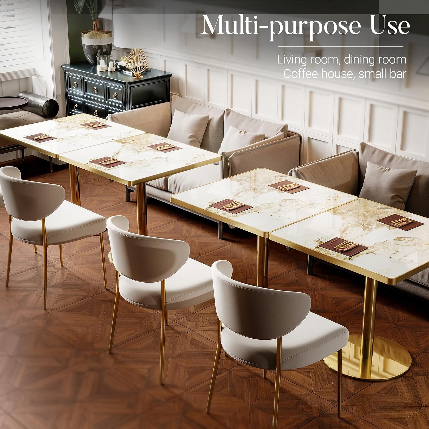 31.5" Square Dining Table, Square Restaurant Table with 1.2" Thick Sintered Stone Tabletop and Golden Metal Pedestal Base, Bistro Table for Diner, Bar, kitchen, Bakery, Apartment (Marble Patterns)