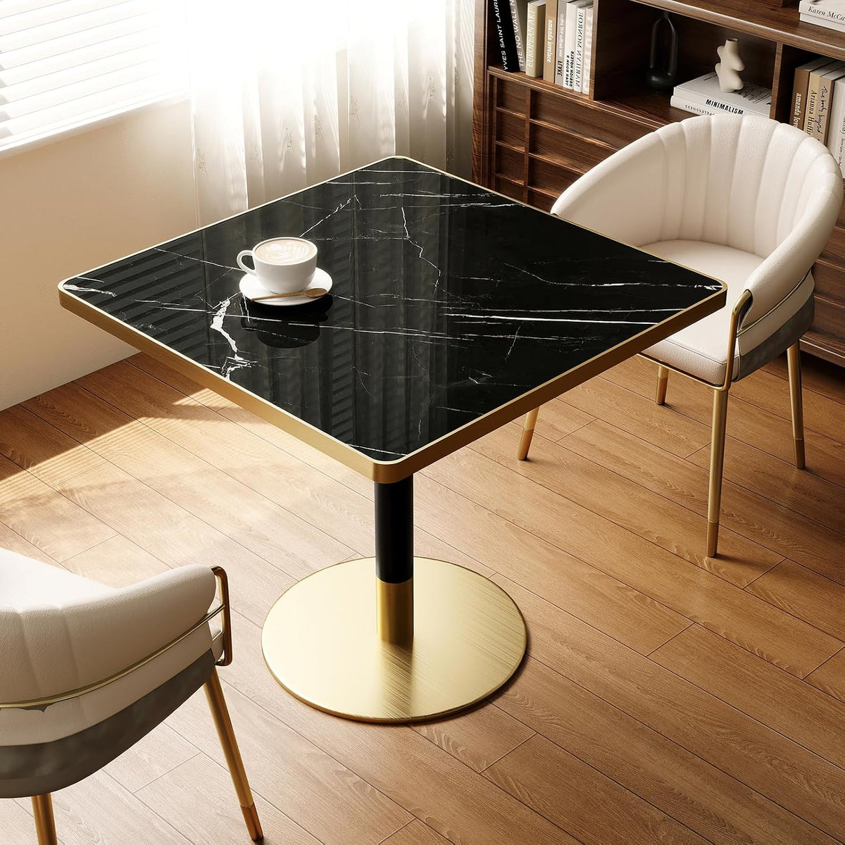 31.5'' Tulip Table, Square Dining Table with Sintered Stone Tabletop | Gold Edge & Pedestal, Bistro Table for 2-4 Person for Dining Room/Café/Small Spaces/Restaurant (Black Marble Vein)