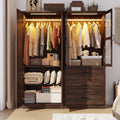 75" Tall Farmhouse 4 Doors Armoire Wardrobe Closet with 3 Drawers and LED,Freestanding Closet Wardrobe Cabinet for Bedroom with Hanging Rod,Wooden Armoire Storage Cabinet with Adjustable shelve(Brown)