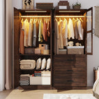 75" Tall Farmhouse 4 Doors Armoire Wardrobe Closet with 3 Drawers and LED,Freestanding Closet Wardrobe Cabinet for Bedroom with Hanging Rod,Wooden Armoire Storage Cabinet with Adjustable shelve(Brown)