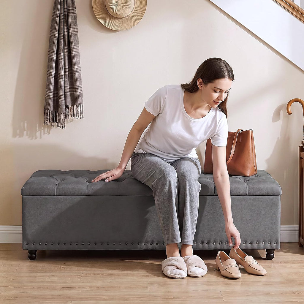 51" Storage Ottoman Bench with Wooden Legs and Soft-Close, Grey | Large End of Bed Bench with Button Tufting, Metal Rivet Accents, Fabric Bedroom Chest for Entryway Living Room Window