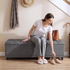 51" Storage Ottoman Bench with Wooden Legs and Soft-Close, Grey | Large End of Bed Bench with Button Tufting, Metal Rivet Accents, Fabric Bedroom Chest for Entryway Living Room Window