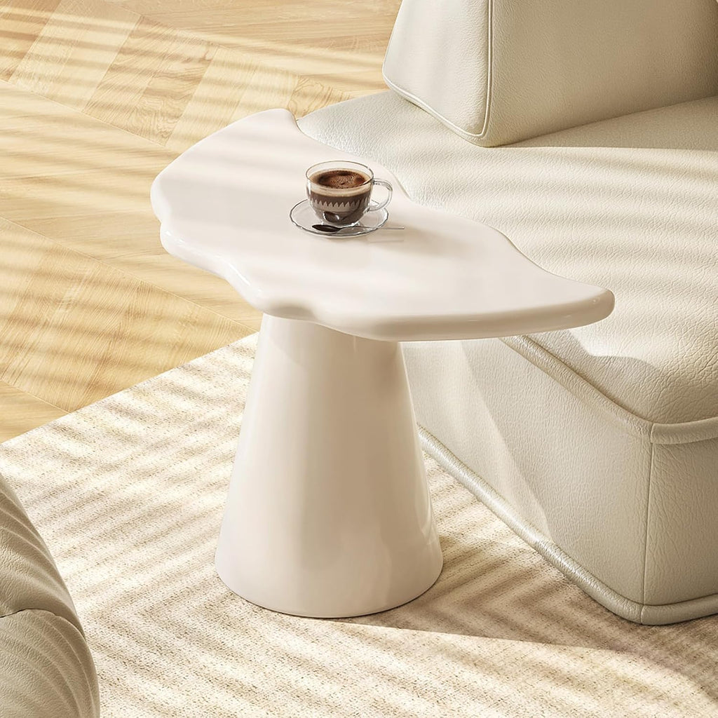Guyii Irregular End Table, Cream White Side Table, Small Shark Fin Sofa Table for Living Room, Office, Home, Bedroom, Easy Assembly