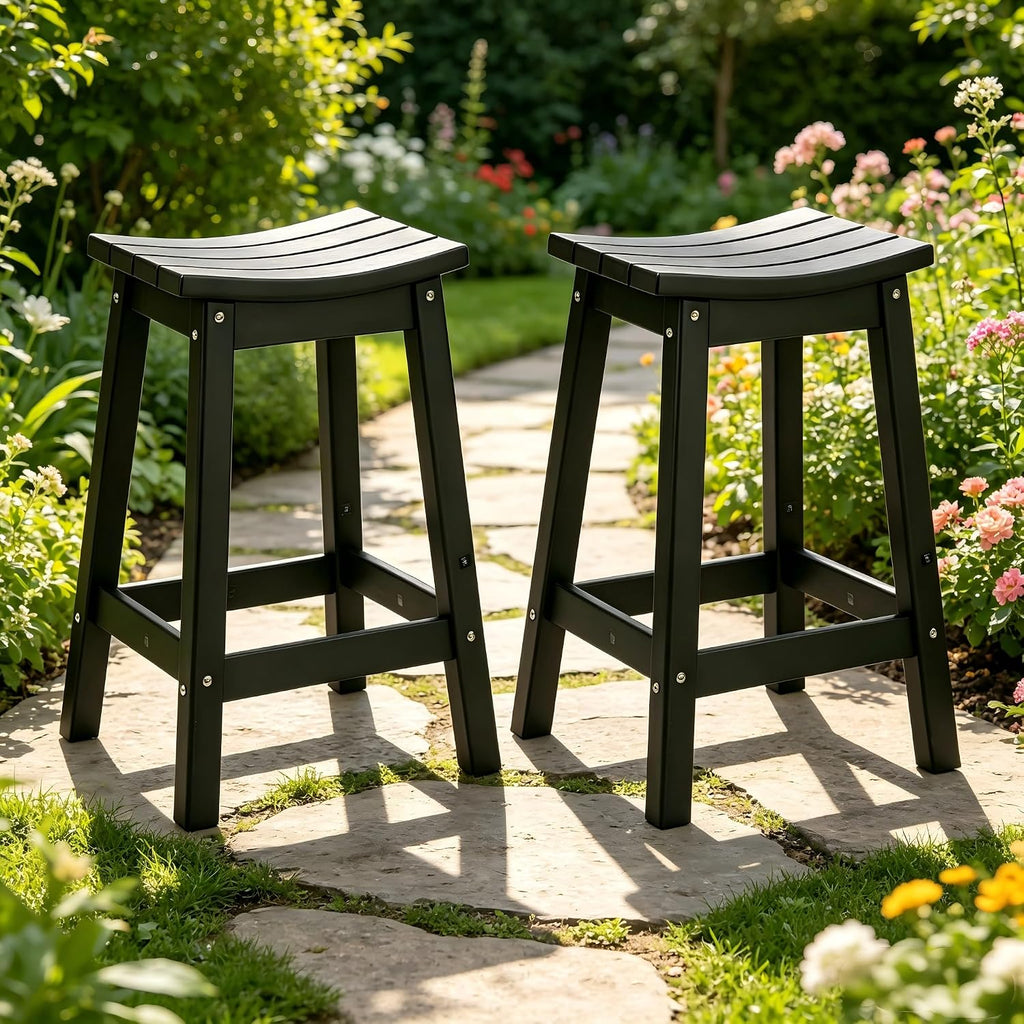 AMILY 24'' HDPE Bar Stool Set of 2, Weather Resistant Outdoor Bar Stools, Heavy Duty All-Weather Patio Stools for Poolside, Backyard, Balcony, Easy Assembly (Black)