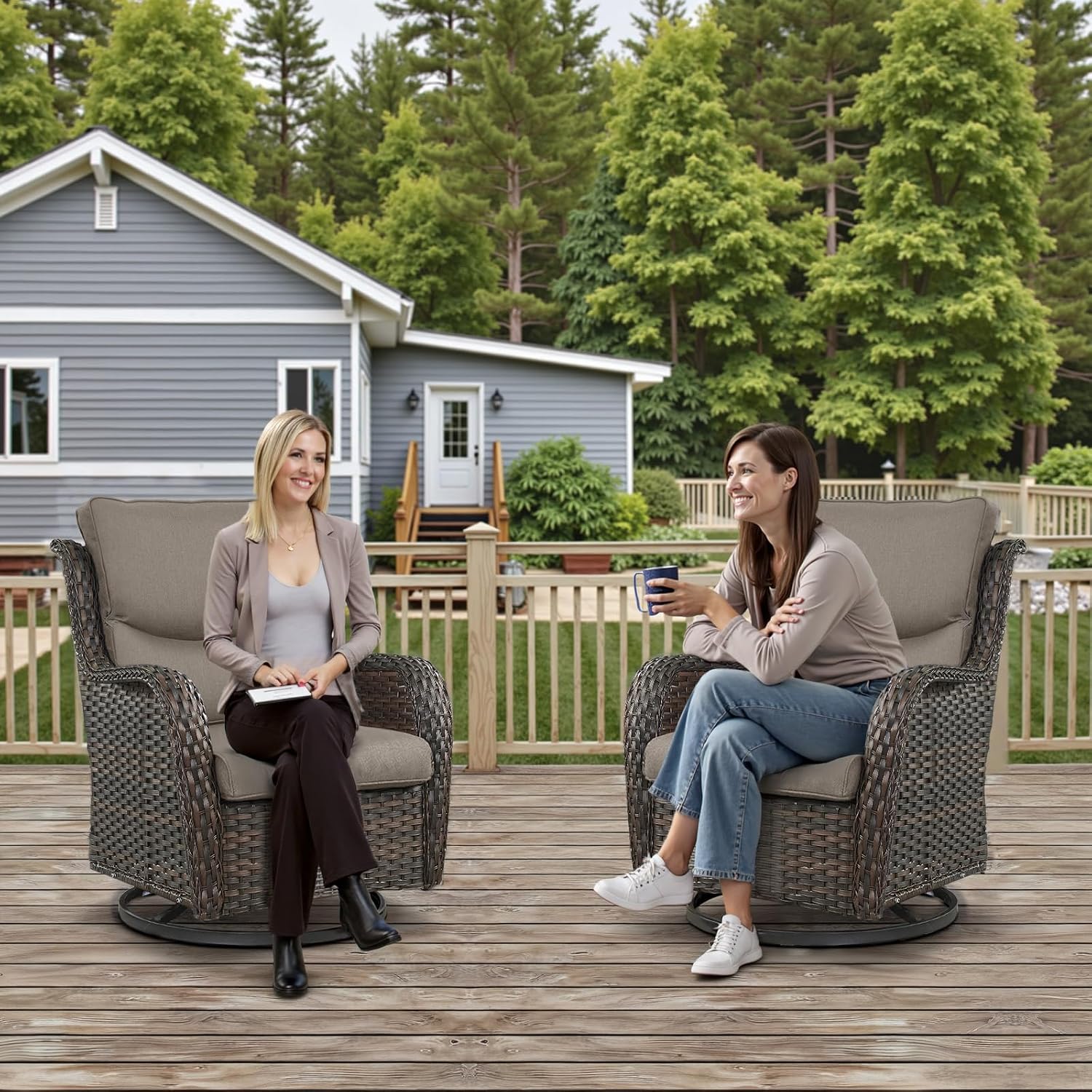 Outdoor Swivel Rocker Patio Chairs with 2 Ottomans - 5" Thick Cushion 4 Piece Furniture Set All Weather Comfortable Wicker Conversation Set for Porch Poolside and Deck - Brown/Gray