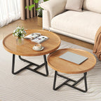 Round Nesting Coffee Table Set of 2, Tea Table for Small Spaces, Circle Wood Center Table with Fluted, Mid Century Modern Coffee Tables for Sofa Living Room Bedroom Office Balcony Yard