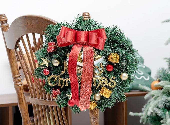 Christmas Ribbon Wired Red Satin Ribbons 1-1/2 Inch Double-Faced Gold Glitter for Tree Decoration, Wreath, Gift Wrapping, Home Decor 10 Yards