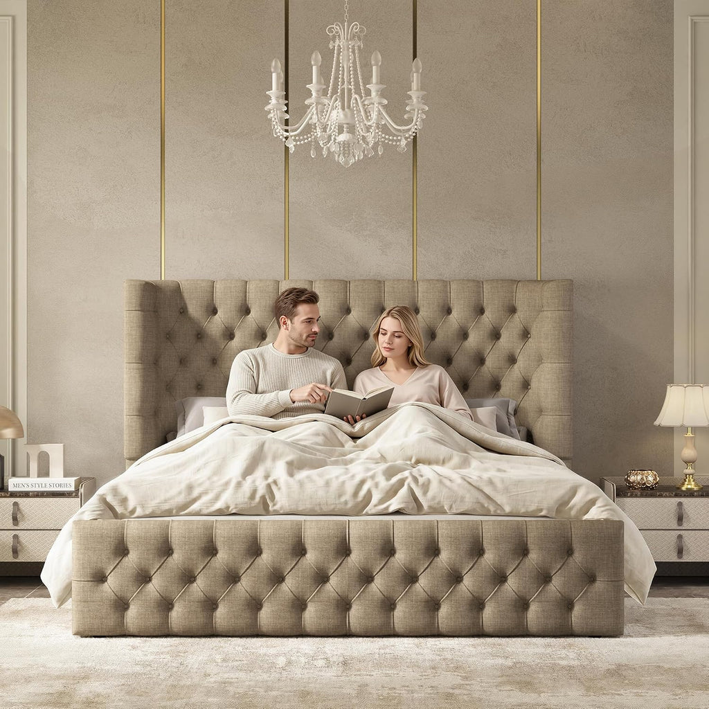 Jocisland King Bed Frame Upholstered Wingback Headboard & Footboard,Khaki
