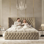 Jocisland King Bed Frame Upholstered Wingback Headboard & Footboard,Khaki