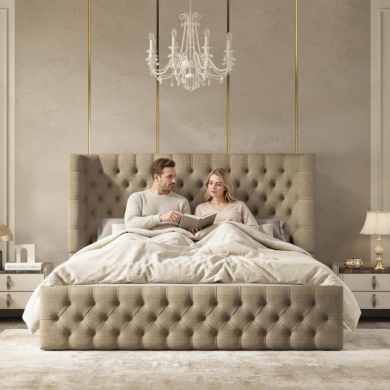 Jocisland King Bed Frame Upholstered Wingback Headboard & Footboard,Khaki
